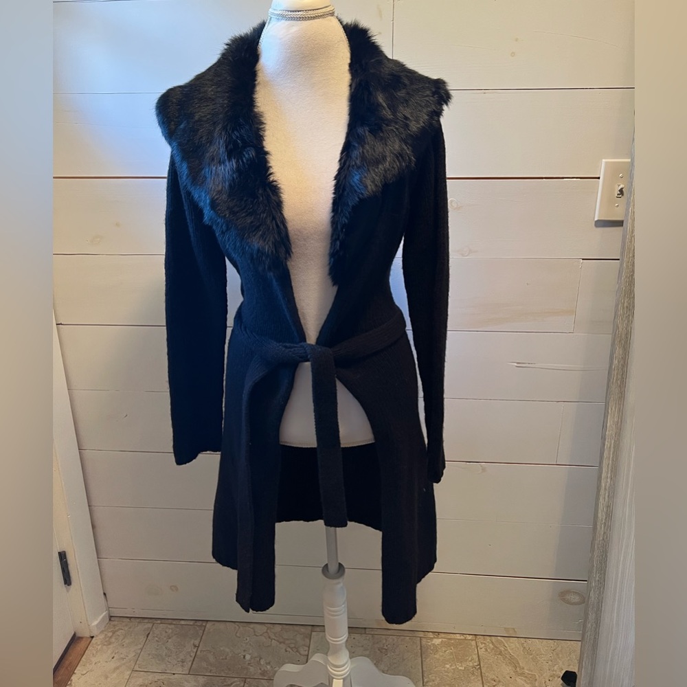 Bloomingdale's Black Faux Fur Trim Cardigan